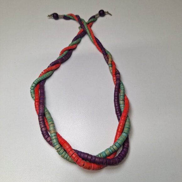 Wooden Necklace 24 Inch Vintage Handmade Tube Beads Triple Strand Hook Clasp - Picture 9 of 10